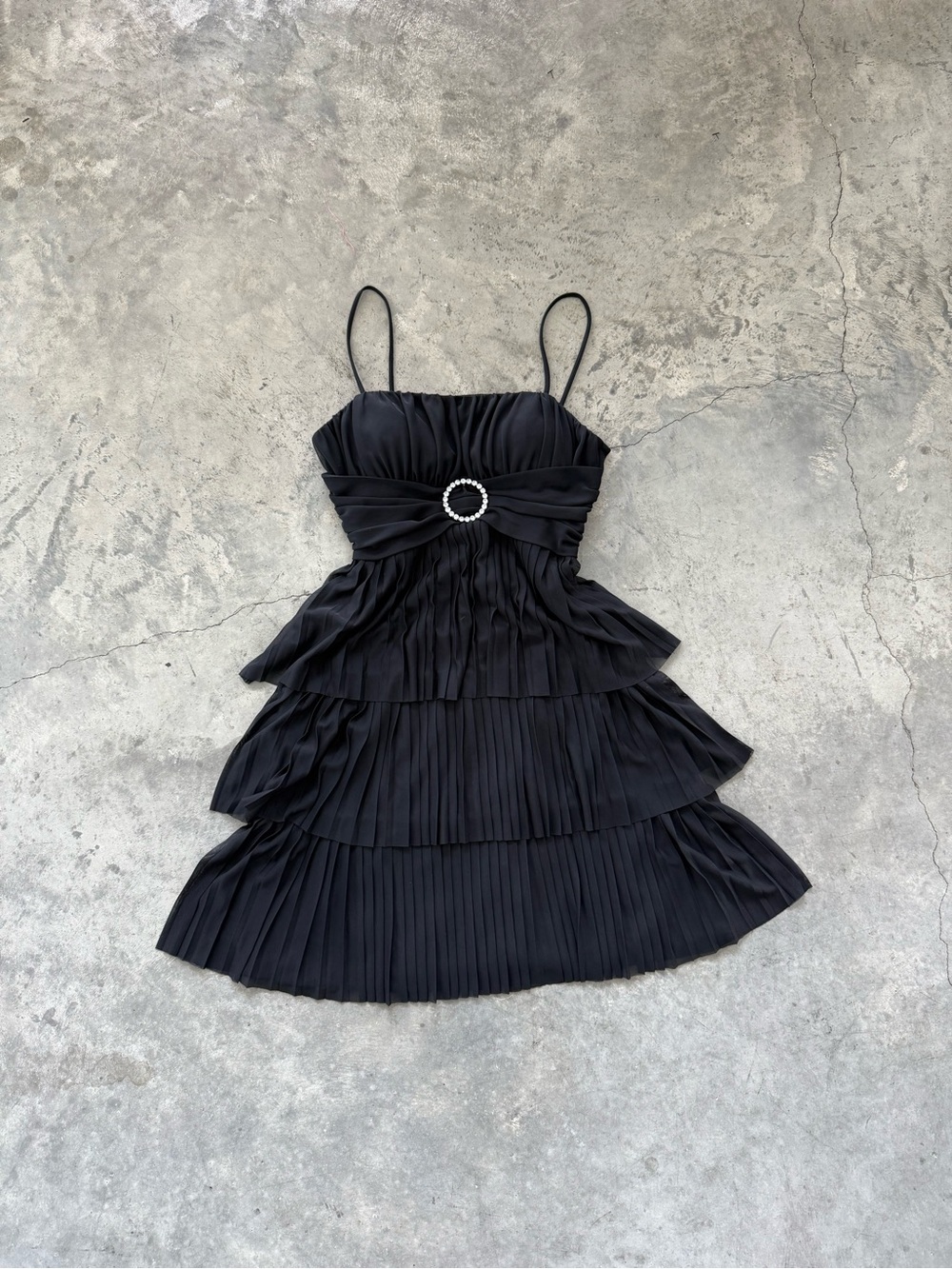 Steppin' Out Black Tiered Pleated Midi Dress with Buckle